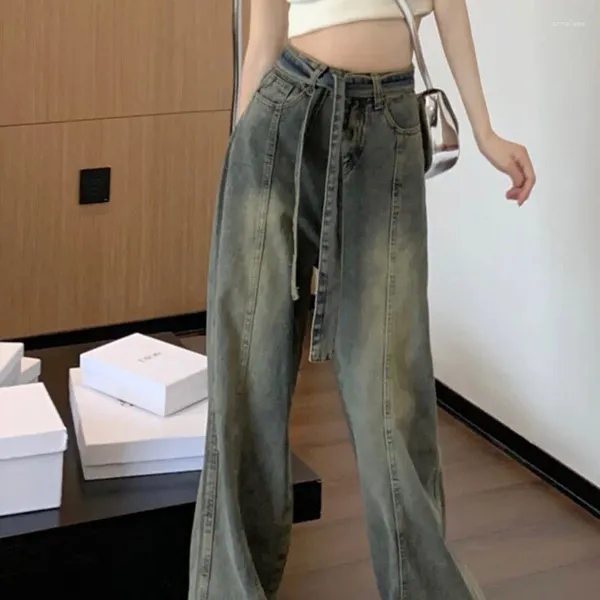 Женские джинсы, 2024 г., летние прямые широкие брюки с высокой талией, старые потертые шерстяные края, маленькая и универсальная швабра для пола