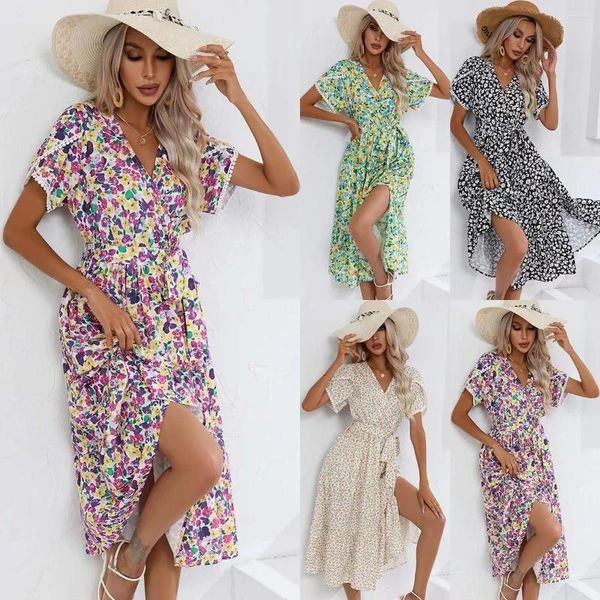 Vestidos casuais verão floral split v-pescoço vestido feminino na europa e américa chique estilo na moda juventude pureza doçura