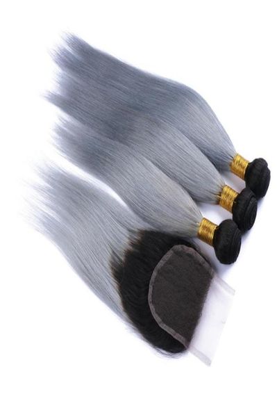 Cabelo peruano cinza prateado ombre com fecho 4 peças / lote 9A grau 1BGrey cabelo humano ombre 3 pacotes com 1 peça reta 4x4 fechamento de renda 8883960