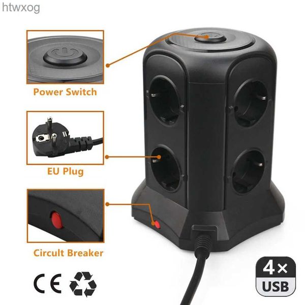 Netzkabelstecker TESSAN Desktop-Mehrfachstecker-Steckdosenleiste mit Schalter 6 EU-Ausgänge 4 USB-Ladeanschlüsse Schwarze vertikale Turmsteckdose für Zuhause/Büro YQ240117