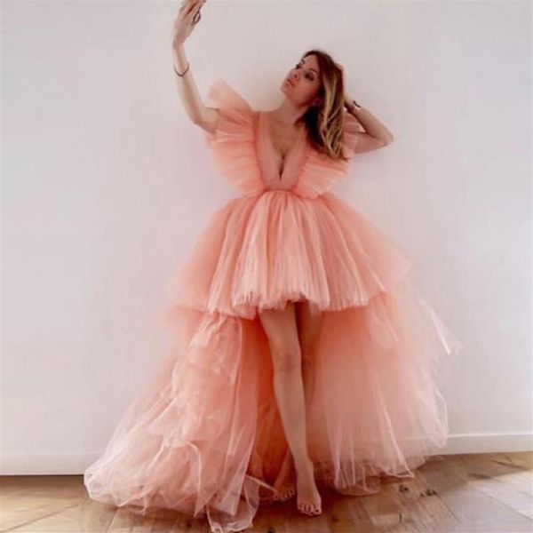 2022 Sweet High Low Rose Puffy Robes De Bal Profonde Col En V Princesse Court Avant Long Dos Tulle Soirée Robes De Soirée Adolescentes Pagean215u