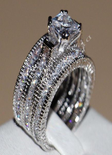 Princesa joias vintage 14kt ouro branco preenchido CZ 3 peças anéis de casamento femininos para amor tamanho 5115597273