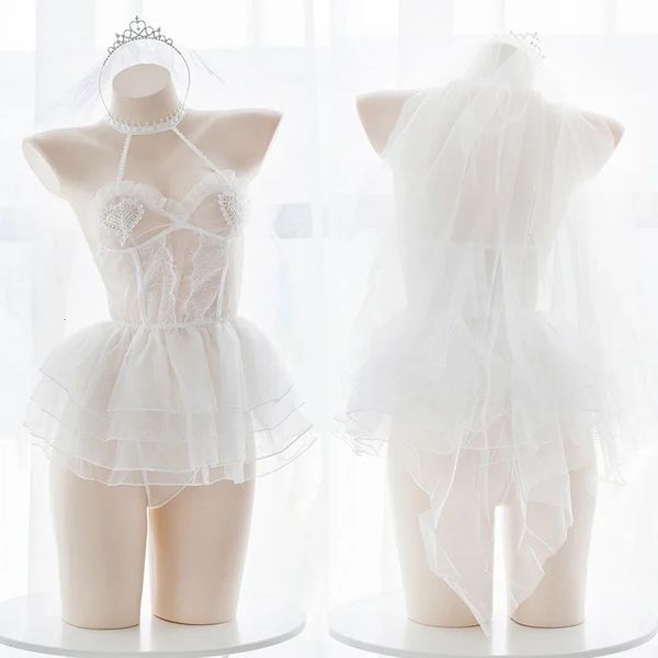 Japonês anjo ballet menina renda transparente conjunto de roupa interior sexy lolita cospaly casamento vestido curto conjunto malha lingerie branca conjunto 240118