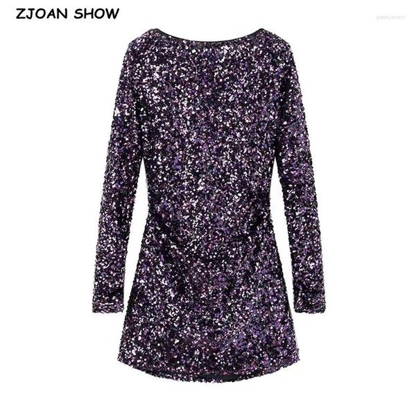 Abiti casual Sexy paillettes viola brillante manica lunga increspato mini abito senza schienale pieghe vita sottile pacchetto fianchi abito da festa