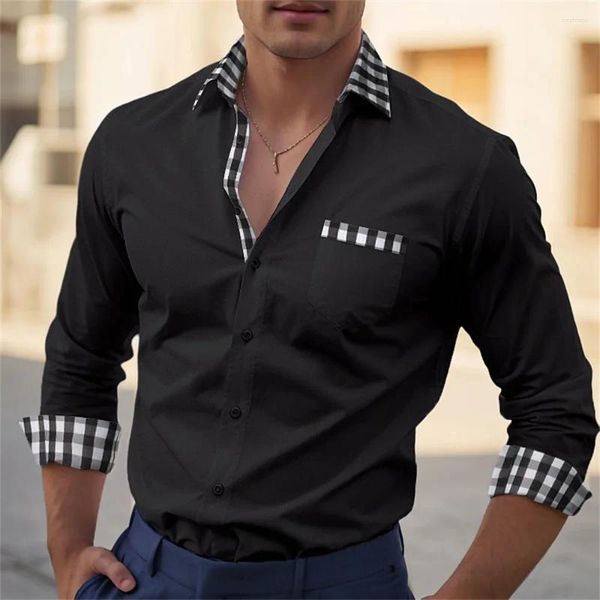 Camisas casuais masculinas 2024 camisa de botão preto vinho vermelho manga comprida lapela férias diárias bolso moda confortável top plus size