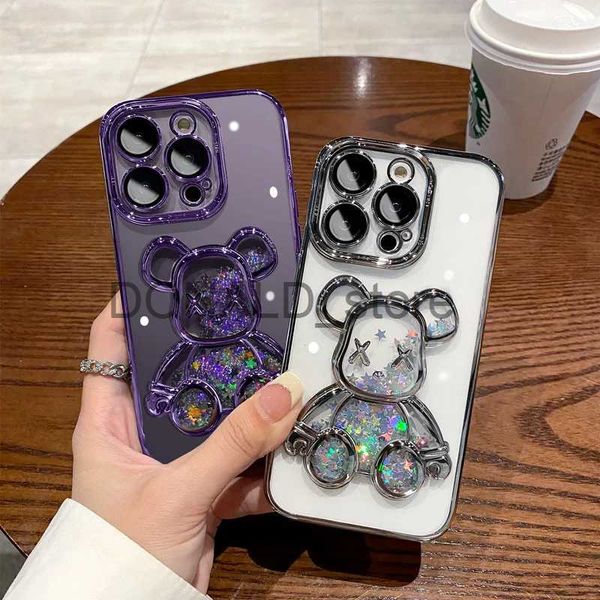 Casos de telefone celular Quicksand Glitter Case para iPhone 15 Pro Max Case para iPhone 15 14 13 12 11 Pro Max Case Cute Bear Transparent Camera Cover Novo J240118