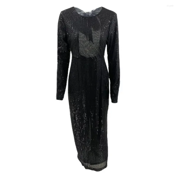 Abiti casual Abito da donna a maniche lunghe Decorazione con paillettes Elegante maxi con fiocco con lacci senza schienale per banchetti di Natale