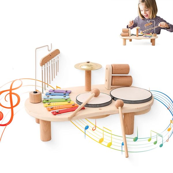 Giocattoli musicali per bambini Kit batteria per bambini Tavolo musicale Strumenti in legno Campane eoliane per bambini Sonaglio Montessori Educativo 240117