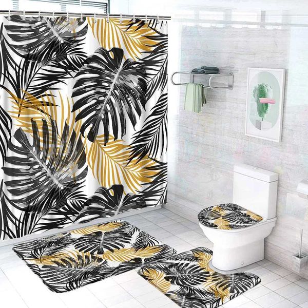 Cortinas de chuveiro 4pcs conjunto de palmeira folhas de cortina de cortina de cortina dourada de planta verde de folhas de folhas de flanela anti -banheira de banheira de banheira de banheiro