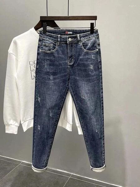 Pantaloni da uomo Harajuku Primavera Autunno Jeans denim strappati Cowboy Lavoro Designer Casual Coreano Moda di strada Adolescente Matita blu