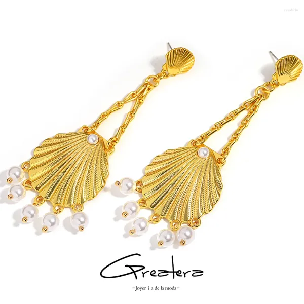 Ohrhänger Greatera Vintage Muschelförmige Perlenquaste Lange hängende Ohrringe für Damen, vergoldet, strukturiertes Metall, Tropfenohrring, Party-Schmuck