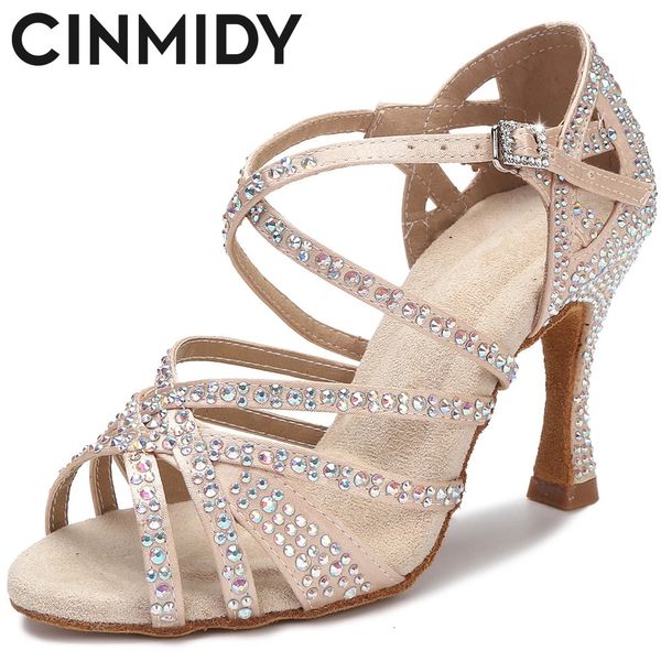 Cinmidy mulheres sapatos de dança latina strass fundo macio salsa sapatos para dança senhoras sandálias casamento feminino saltos altos 7.5cm 240117