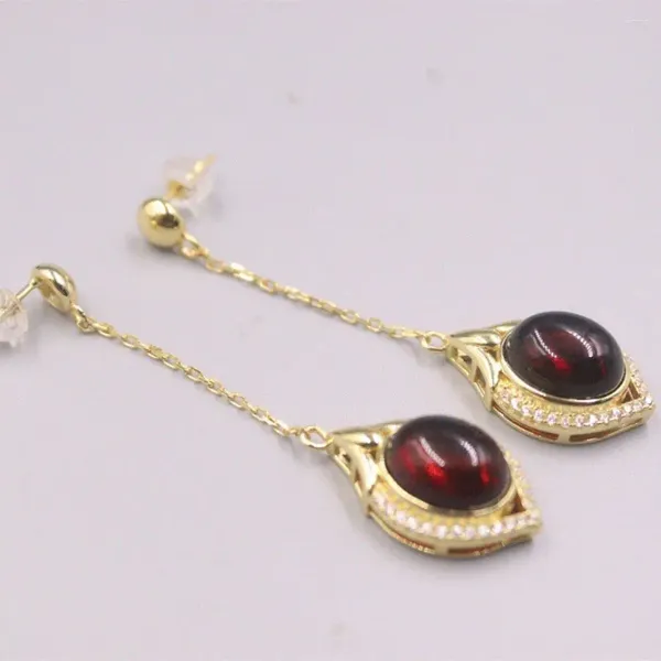 Dangle Küpeler Saf S925 STERLING Gümüş Saplama Küpe/ Oval Garnet o Bağlantı Zinciri Şanslı Hediye Kadınlar