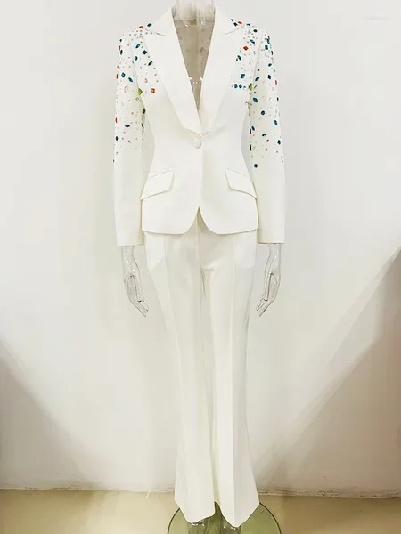 Женские брюки-двойки ВЫСОКОГО КАЧЕСТВА, осень 2024, модельерский костюм, женский облегающий блейзер со стразами и бриллиантами, белый, с отделкой из бисера