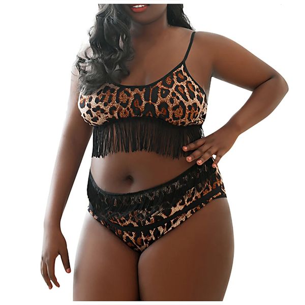 Moda feminina sexy tamanho grande conjunto de duas peças terno feminino tamanho grande leopardo impressão sem fio sutiã sexy calcinha 240118