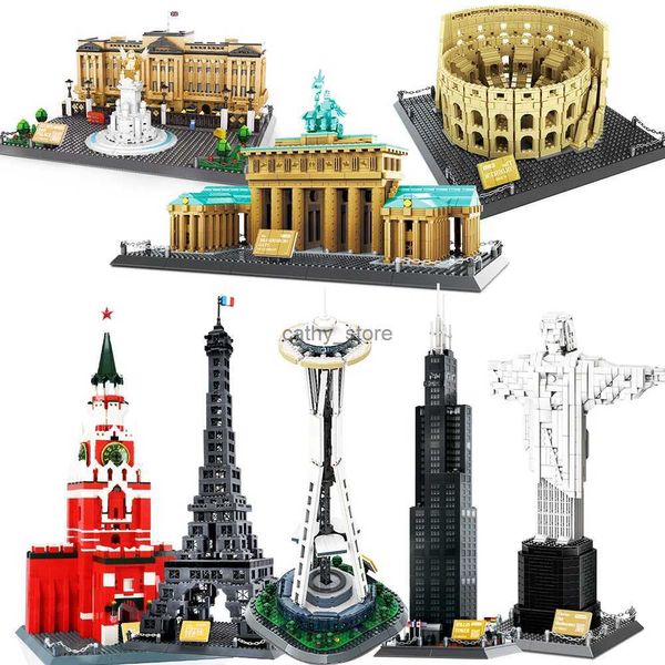 Blocos de arquitetura da cidade blocos de construção espaço agulha taj mahal big ben torre eiffel londres nova york paris brinquedos de construção para adultosl240118