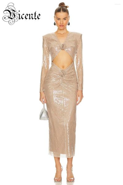 Sıradan Elbiseler VC 2024 Kadınlar Elbise Seksi V-Beeck Uzun Kollu Out 3D Çiçekler Glitter Sequins Sıkı Ayak Bileği Uzunluğu Ünlü Parti