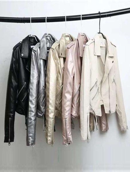 Silber Lederjacke Frauen 2020 Metallic Motorrad Kurze Jacken Revers Reißverschluss Biker Mantel Weiche Damen Punk Streetwear9799606