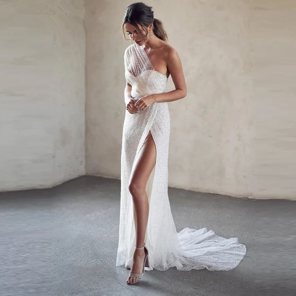 Splendido abito da sposa in pizzo a sirena per le donne 2024 Abiti da sposa eleganti con spacco Glitter che borda Squined Vestido de Novia