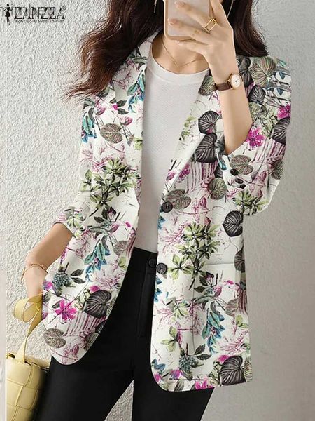 Damenanzüge Blazer Frauen Herbst Blazer Retro Bedruckte Mäntel Casual Langarm Floral Oberbekleidung ZANZEA Weibliche Einknopf-Reversjacken ÜbergrößeL240118