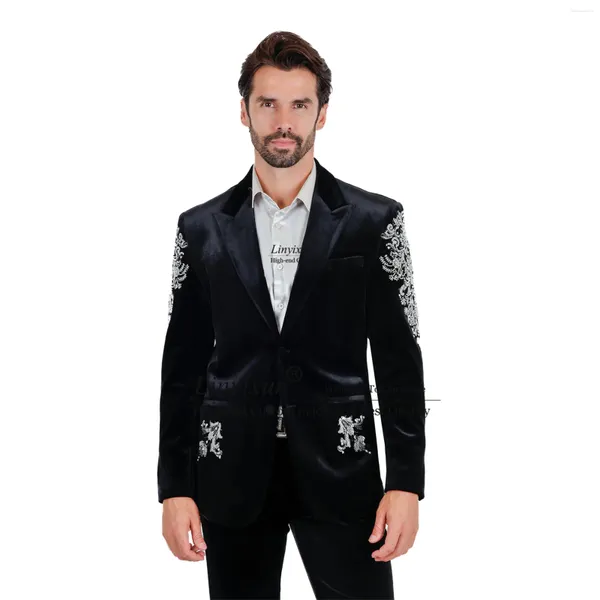 Erkekler Lüks Aplikler Düğün Smokin 2 Parçası Setler Erkekler İnce Fit Prom Partisi Blazers Glitter Sequins Bussiness Kostüm Homme