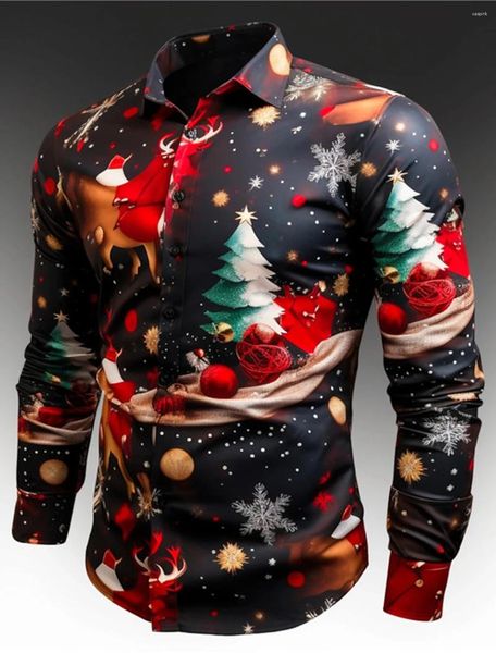 Camisas casuais masculinas Árvore de Natal Relógio Camisa estampa diária Padrão Confortável Soft Tecido Presente