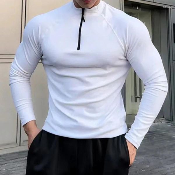 Erkek Tişörtleri Spor Fitness Streç İnce Pole Üstler Erkekler Bahar Uzun Kollu Fermuar O Boyun Kazak Tişörtler Erkek Giysileri Günlük Gömlek