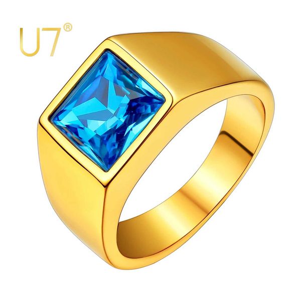 Anéis de banda U7 Homens Anéis de sinete personalizados de aço inoxidável com pedras preciosas quadradas tamanho 7-14 J240118