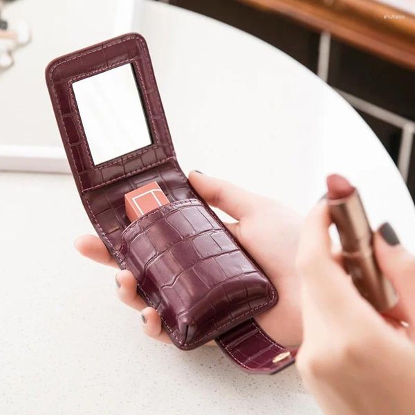 Kosmetiktaschen Mini Tragbare Lippenstifttasche mit Spiegel Krokodil geprägt Damen Make-up Aufbewahrungskoffer Modisch und