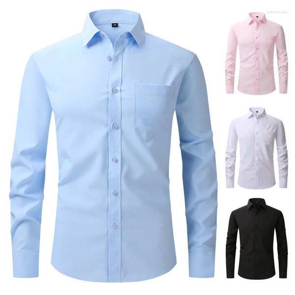 Camisas de vestido masculinas cor sólida manga comprida botão para baixo rugas camisa livre festa banquete regular ajuste EUA tamanho 15 cores masculino2024