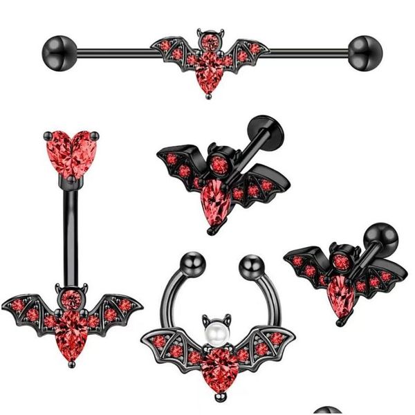 Umbigo Bell Botão Anéis Moda Punk 5 Pcs Aço Inoxidável Bat Longo Pólo Lip Stud Nariz Anel Umbigo Orelha Piercing Jóias Drop D Dhahe