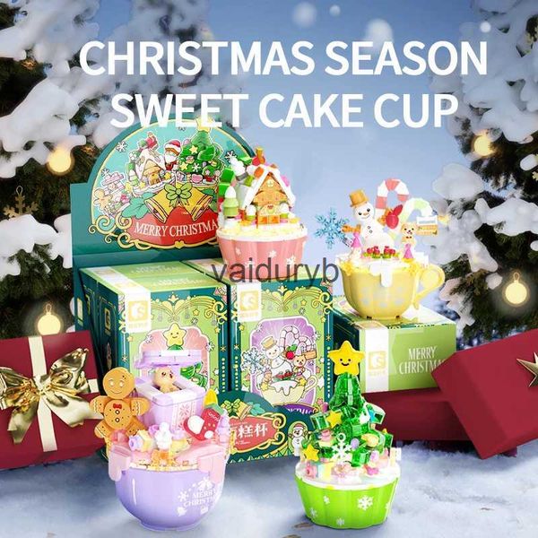 Blöcke Teetasse Kuchen Bausteine Schneemann Weihnachtsbaum Lebkuchenhaus Montage Ziegel Desktop-Dekoration Weihnachtsgeschenke Kind Toyvaiduryb