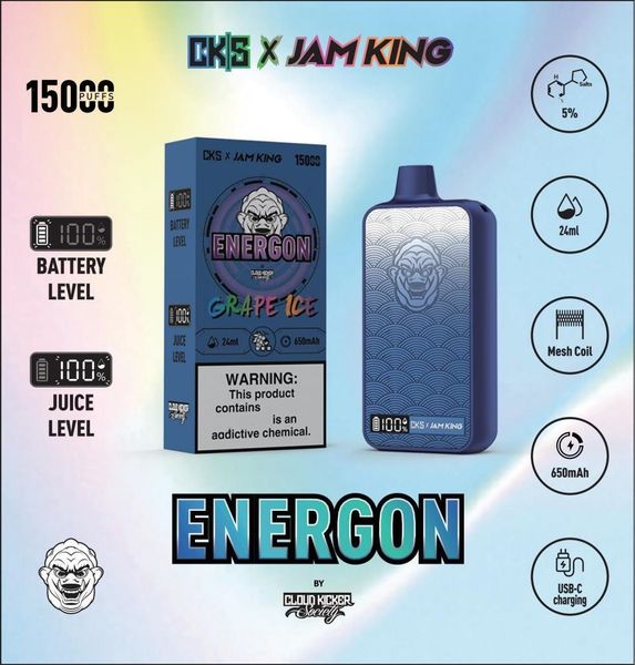 Original Jam King vape CKS ENERGON 15000 puff vape pen E Cigarrillo vape desechable al por mayor 24 ml Precargado USB-C Carga E Pantalla de energía líquida 2% 3% 5% 650mah