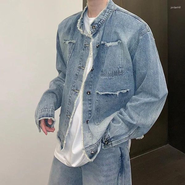 Giacche da uomo Giacca di jeans lavata casual Streetwear Colletto alla coreana strappato Texture Cappotto di lusso a maniche lunghe retrò coreano Harajuku