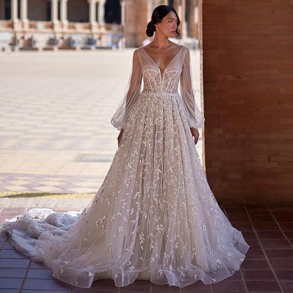 Impressionante frisado vestidos de casamento de renda pura decote em v vestidos de noiva mangas compridas uma linha appliqued trem varredura tule vestido de novia