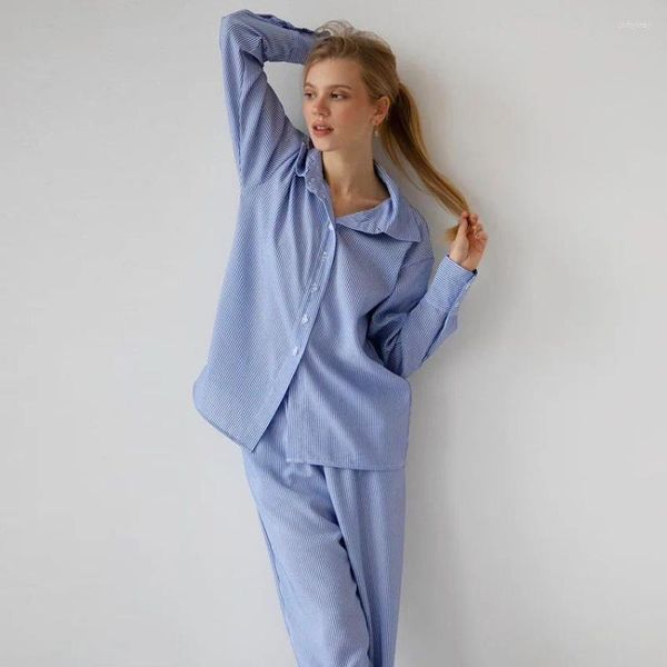 Женская одежда для сна во французском стиле, свободные синие полосатые осенние и зимние пижамы с принтом, оптовая продажа, женская домашняя одежда, которую можно носить