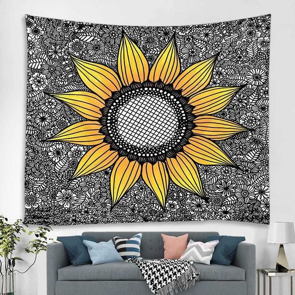 Wandteppiche, Boho-Blumenpflanzen, Mandala-Wandteppich, Wandteppich, Sonnenblumen-Kunst, zum Aufhängen, für Zuhause, Hippie-Dekor, Wohnheim, Hintergrund, Yoga, Strand, Decke