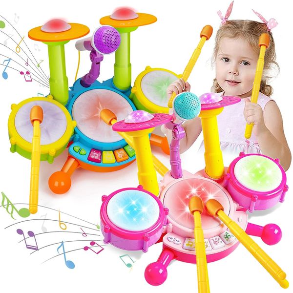 Juego de batería para niños pequeños, instrumentos musicales educativos para bebés, juguetes para niñas, micrófono, actividades de aprendizaje, regalos 240117