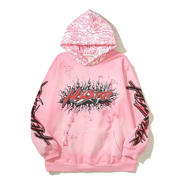 Mens Hellstar Hoodie Designer Tide Brand Ins com chama lama tingida retro casual lavagem água tendência micro alto-falante calças manga longa rua hip hop moletom conjunto