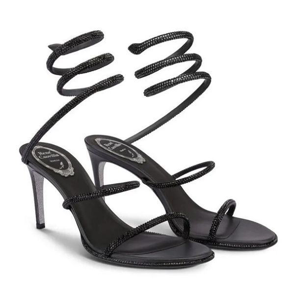 Лучшие брендовые летние атласные сандалии Renecaovilla CLEO, покрытые стразами, со змеиной отделкой, вечерние туфли на высоком каблуке, свадебное платье, сандалии-гладиаторы