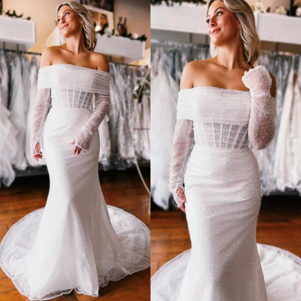 Schulterfreies Meerjungfrau-Hochzeitskleid für die Braut, Illusion, Glanz, Pailletten, Spitze, Tüll, Perlen, Brautkleider für die Ehe, Kleider, Sweep-Zug, Designer-Kleid NW061