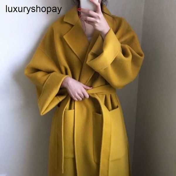 Top Maxmaras Cashmere Casaco Feminino Envoltório Casacos Coreano Outono e Inverno Temperamento Gengibre Amarelo Flip Collar Bolso Gravata Cintura Solta Longa Lã para Mulheres