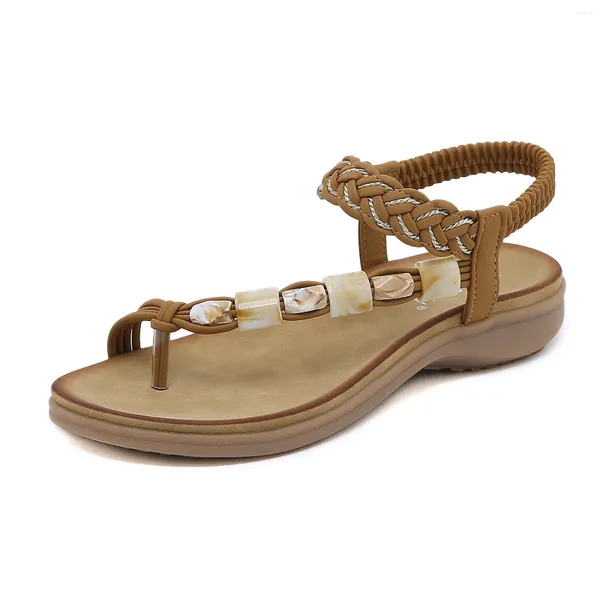 Sandálias SIKETU Marca Novidade Verão Salto Plano Mulheres Bohemian Frisado Clip Toe Beach Dressy Flip Flop Malha Elástica Casual