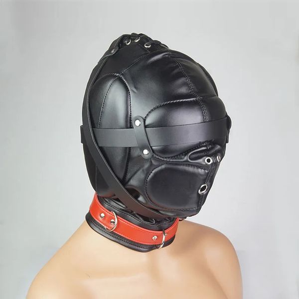 BDSM Máscara BlindfoldLeather Respiração Buraco Role Playing HoodPadded sobre a boca e orelhas BondageSex Toys para casais 240117