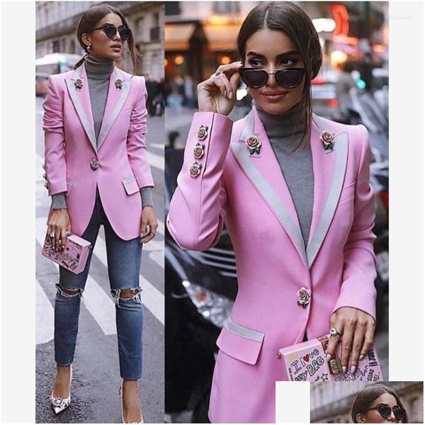 Ternos femininos blazers mulheres ternos rosa elegante feminino blazer vintage lapela painel elegante fino escritório terno de negócios feminino ameri dh7xk