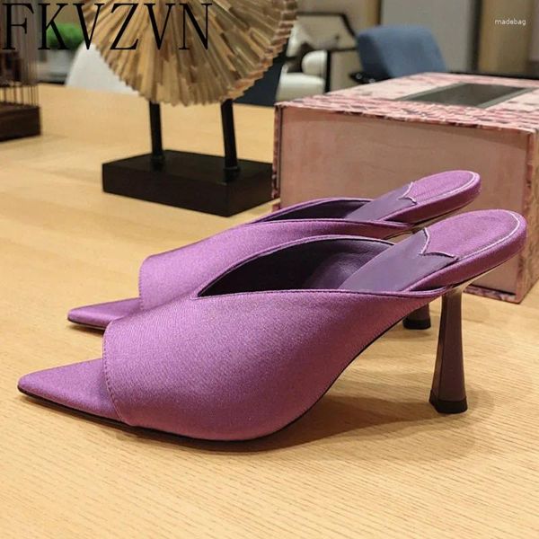 Pantofole Sexy Peep Toe Tacchi alti Scarpe mule in seta Slip on Sandali in pelle Moda viola per le donne