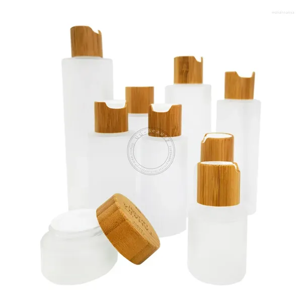 Garrafas de armazenamento 30ml 60ml 100ml 120ml vidro transparente fosco com tampa de madeira de bambu matiz eletrônico frascos vazios embalagens cosméticas