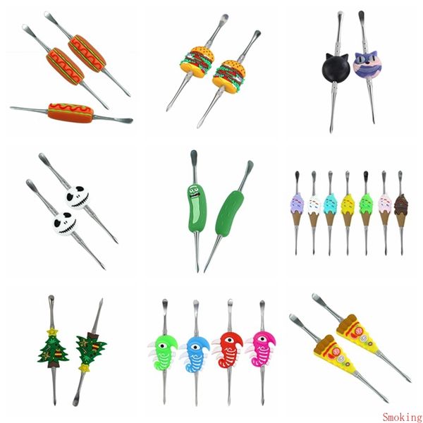 9Tipos Dabber Dab Ferramenta de Cera de Desenho Animado Unhas de Titânio Silicone Aço Inoxidável 123mm Ferramentas Rigs Metal Ceroso Fumar Caveira Pepino Sorvete Cachorro Quente Pizza Hambúrguer