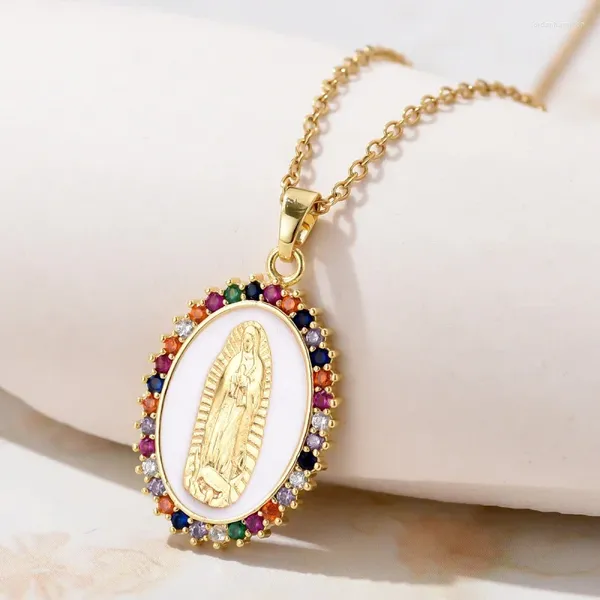 Collane con ciondolo Collana alla moda con zirconi della Vergine Maria, tendenza religiosa, catena retrò con clavicola, accessori colorati, regalo