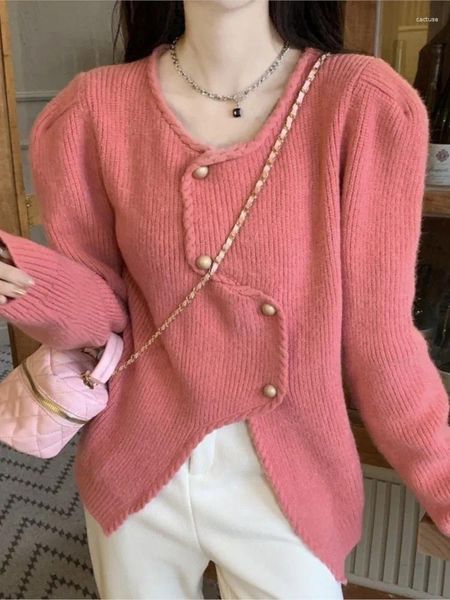 Frauen Pullover 2024 Herbst Französisch Kontrast Strickjacke Frau Casual Straße Unregelmäßige Weibliche Grün Lila Rosa Beige Frauen